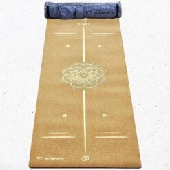Tapis De Yoga Caoutchouc & Liège 5mmx68cmx1,83m, Mandala Bodylines Or +Sac Yoga