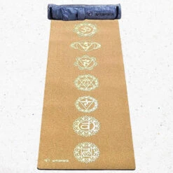 Tapis Yoga Liège Nouvelle Génération, 3 Plis, 6 Mm, 7 Chakras Or + Sac Yoga